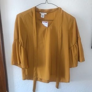 Mustard Yellow Bell Sleeve Blouse with Front Tie